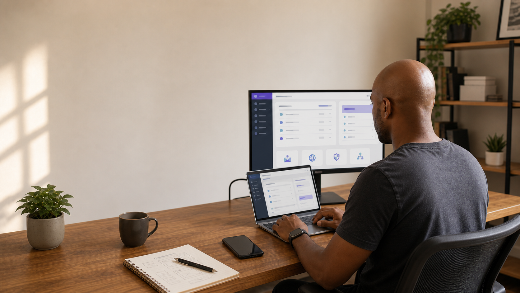 Bald brown-skinned African consultant setting up business email and domain services at a workstation