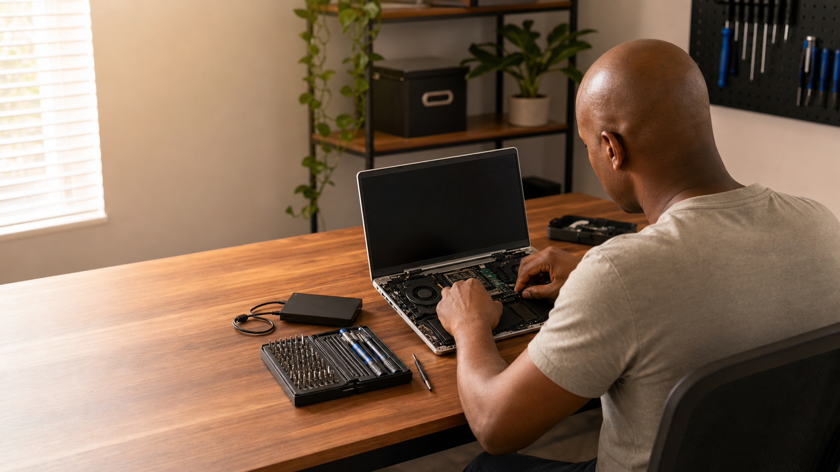 Bald brown-skinned African technician repairing a laptop on a clean workbench