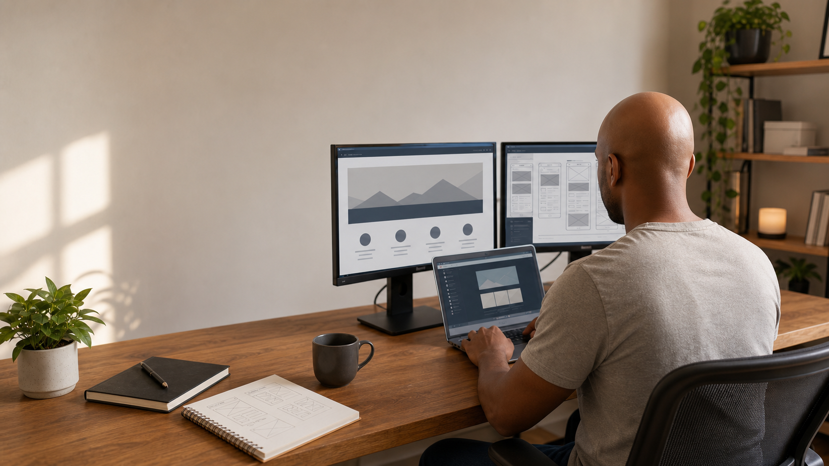 Bald brown-skinned African developer building a website at a clean workstation